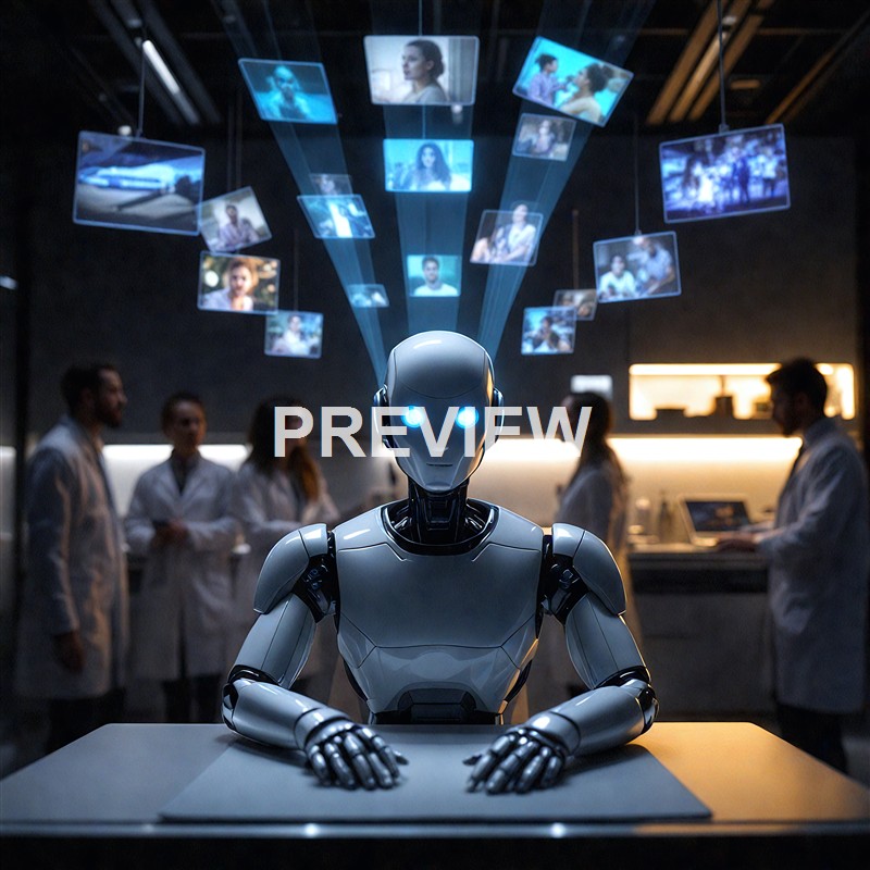 A humanoid robot with glowing blue eyes is seated at a desk in a high-tech environment, with multiple screens displaying images and videos floating above and around it, and several people in lab coats working in the background.